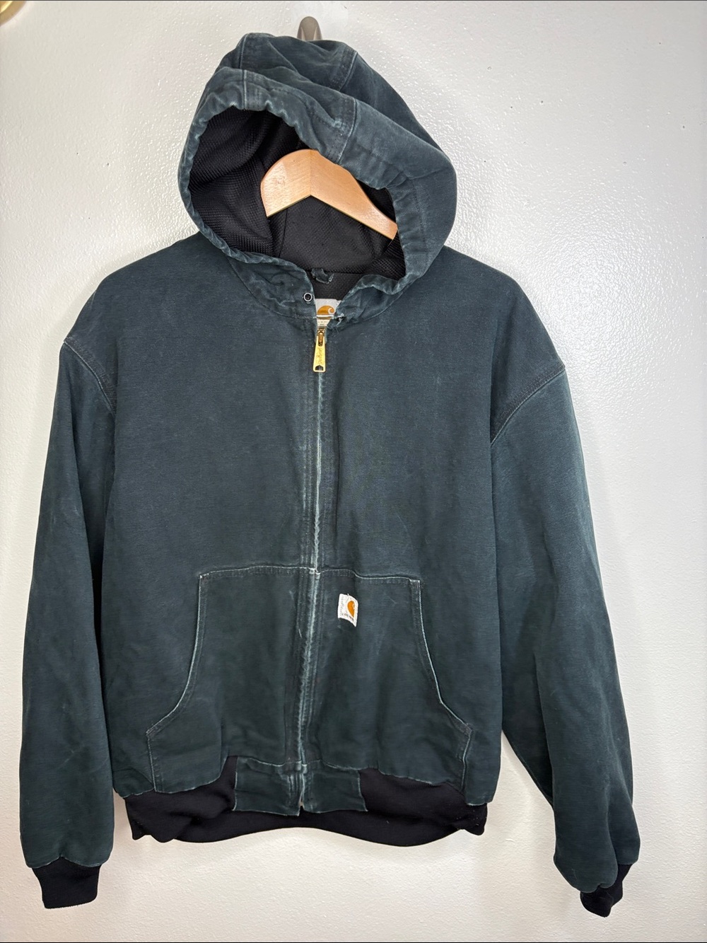 Vintage Carhartt J131 BLK Thermal Lined USA Faded Hooded Jacket Men's Size XL